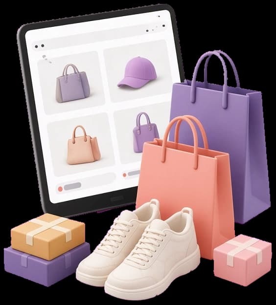 Online shopping bags, sneakers, and gift boxes illustration