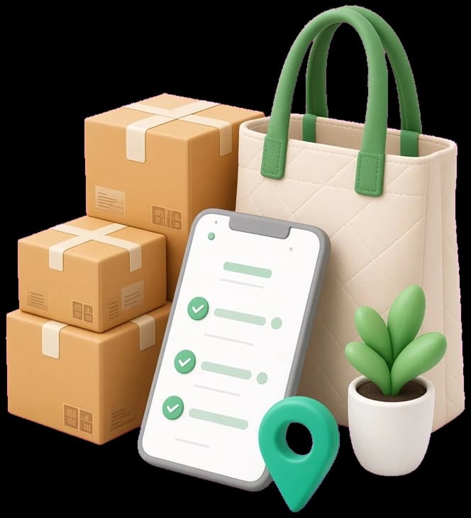 Parcels, tote bag, and shipping checklist illustration