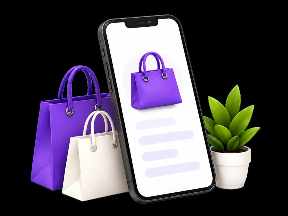 A phone and shopping bags representing choosing a Com&Buy service