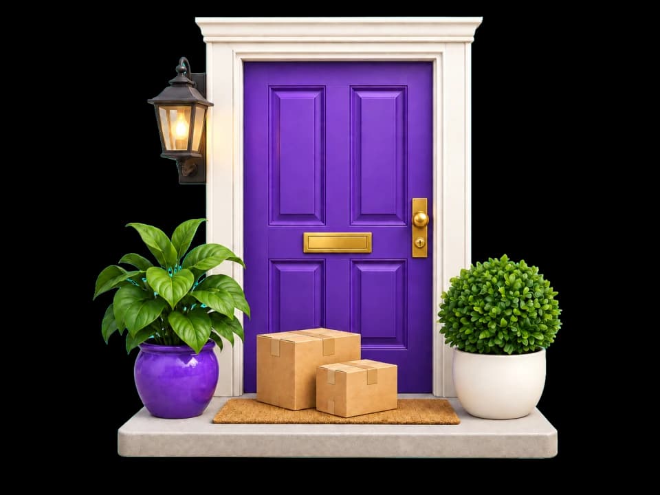 Parcels delivered to a purple front door