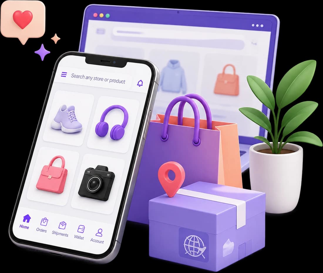Shopping phone, online storefront, shopping bags and shipping parcel